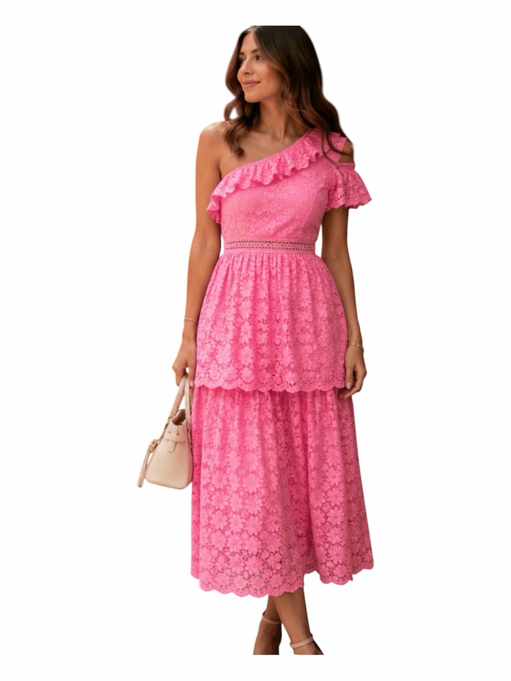 One-Shoulder Pink Lace Maxi Dress